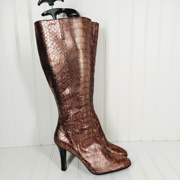 Parallel Brown Metallic Reptilian Print Side Zip Elastic Calf Heeled Boots H476 - Picture 5 of 13